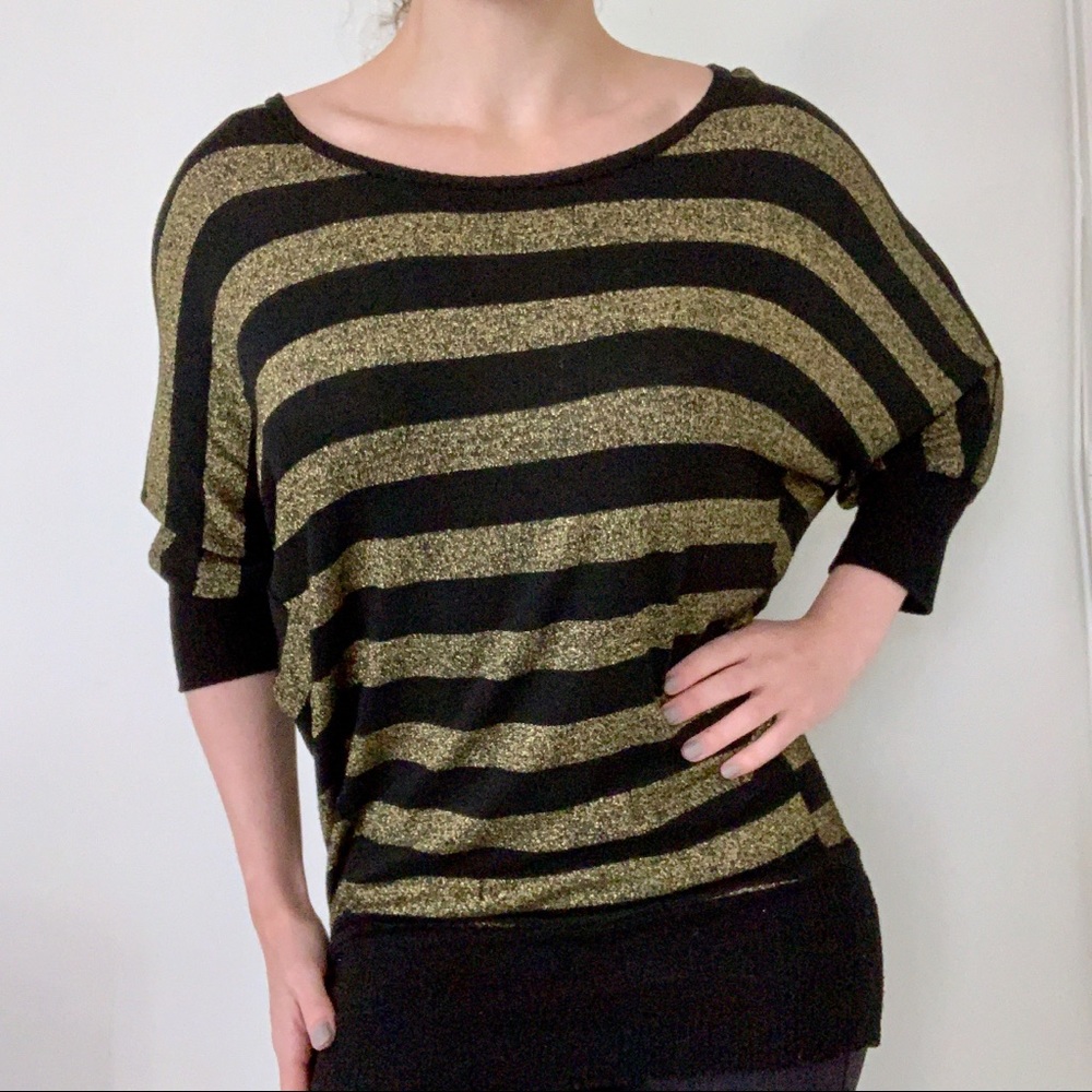 Forever 21 Black Gold Striped 3/4 Sleeve Glittery Stretch Festive Holiday NYE